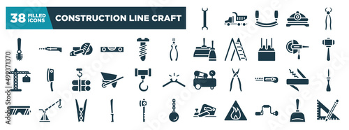 construction line craft glyph icons set. editable filled icons such as big double wrench, toilet brush, nippers, big hammer, crane hook, jackknife, bread knife, brace vector illustration