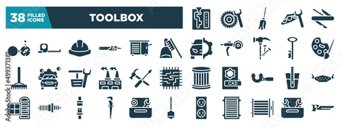 toolbox glyph icons set. editable filled icons such as automatic transmission, open compass, dustpan and brush, pallete, repair tools cross, tester, adjustable spanner, condenser vector illustration