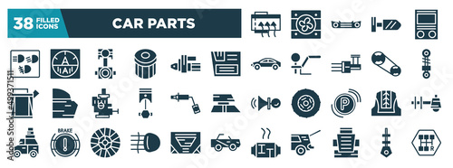 car parts glyph icons set. editable filled icons such as car demister, car dashboard, glove compartment, suspension, wheel brace, cowl, fog lamp, bucket seat vector illustration