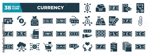 currency glyph icons set. editable filled icons such as cryptocurrencies, bitcoin wallet, cash flow, paperclip, kip, franc, social marketing, to do list vector illustration