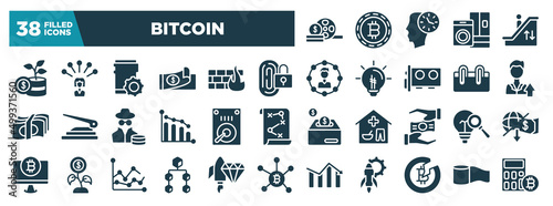 bitcoin glyph icons set. editable filled icons such as film strip, invest, biometric, high, hdd, finding, aorithm, halving vector illustration