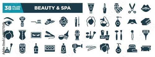 beauty & spa glyph icons set. editable filled icons such as anti aging cream, eye make up, gloss, folded towel, hair dye kit, two hairpins, eye shadow pallette, moisturizing lotion vector