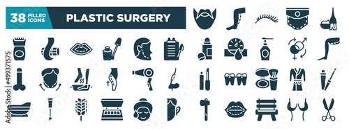 plastic surgery glyph icons set. editable filled icons such as hipster, epilator, medical report, thigh, hairdryer, robe, eye shadow, wooden chair vector illustration
