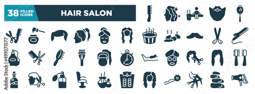 hair salon glyph icons set. editable filled icons such as one comb, scissors and comb, long female hair tincture, curling iron, female head with ponytail, female hair, chair side view, haircut