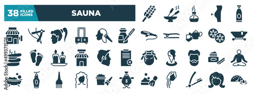 sauna glyph icons set. editable filled icons such as whisk, barber, serum, , short male hair shape, skincare, wavy hair, razor hair salon tool vector illustration