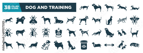 dog and training glyph icons set. editable filled icons such as dog smelling dog, bulterrier, beagle, sawfly, pet clo, dogs, grooming pet, pet toy vector illustration