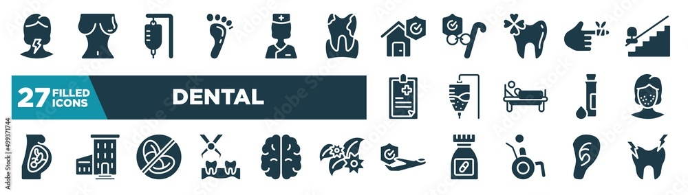 set of dental icons in filled style. glyph web icons such as sore throat, human footprints, disaster, bandaged hurt finger, medicine hanging bag, pimples, prohibition, travel insurance editable