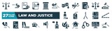 set of law and justice icons in filled style. glyph web icons such as adminstrative law, policy, bankruptcy, business law, bargain, police line, practise areas, environmental editable vector.