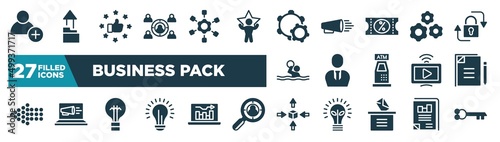 set of business pack icons in filled style. glyph web icons such as hire, employing, configuration, wheel with cogs, businessman with tie, copywriting, black lightbulb, differentiation editable