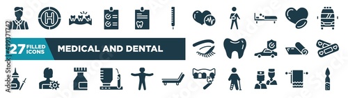 set of medical and dental icons in filled style. glyph web icons such as executive man, checked list, heart beats, medicine for heart, teeth black shape, lovely aid band, medicine flask, veneer