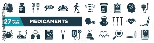 set of medicaments icons in filled style. glyph web icons such as secret, eye exam, chiropractic, hypis, doctors, inhalator, conflict, lithotherapie editable vector.