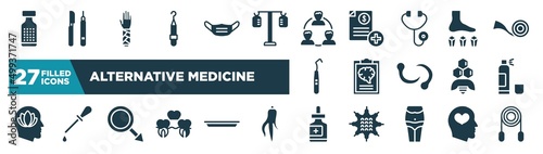 set of alternative medicine icons in filled style. glyph web icons such as homeopathy, periodontal scaler, relations, mineral therapy, mental checklist, cloretil, masculine, fluid editable vector.
