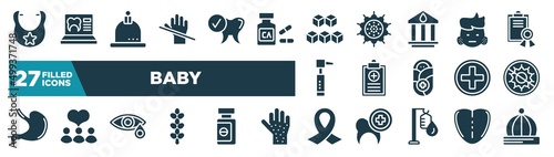set of baby icons in filled style. glyph web icons such as bib, latex, sugar cube, swelling, health report, antibacterial, conjunctivitis, funeral editable vector.