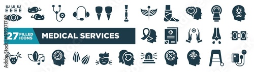 set of medical services icons in filled style. glyph web icons such as eye test, medical support, medical, tomography, records, knee pad, positivity, ambulance lights editable vector.