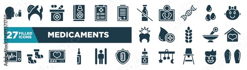 set of medicaments icons in filled style. glyph web icons such as asthma, handbook, lactose intolerant, sesame, donor, hospice, heart rate monitor, essential oils editable vector.