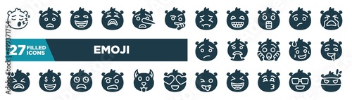 set of emoji icons in filled style. glyph web icons such as sleep emoji, tired emoji, pensive annoyed puking drool slightly frowning crazy editable vector.