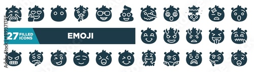 set of emoji icons in filled style. glyph web icons such as emoji with steam from e, shushing emoji, lying injured smiling with horns secret wink vomit editable vector.