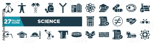 set of science icons in filled style. glyph web icons such as pendulum, medicines, neutrons, solar system, failed, collision, drawing tools, scholarship editable vector.