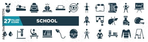 set of school icons in filled style. glyph web icons such as botanic, philosophy, headmistress, basketball player, pulley, baseball helmet, raising hand, pe teacher editable vector.