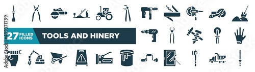 set of tools and hinery icons in filled style. glyph web icons such as wood lino cutter, plane controls, big driller, big saw, nail puller, left glove, wheelbarrow full, brace editable vector.