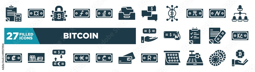 set of bitcoin icons in filled style. glyph web icons such as formula, guilder, money talk, namecoin, wasted money, koruna, currency exchange, rand editable vector.
