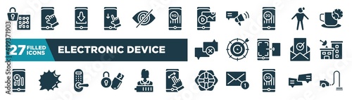 set of electronic device icons in filled style. glyph web icons such as pattern lock, swipe down, gif, shy, taget, station, door lock, lifeguard editable vector.
