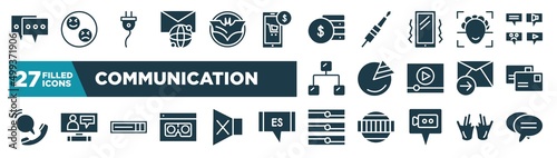 set of communication icons in filled style. glyph web icons such as online chat, international mail, fiance, face scan, pie graph, postal, hdmi, servers editable vector.