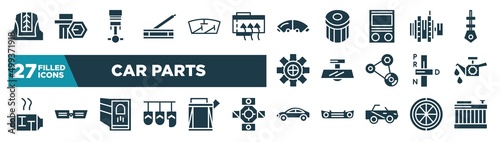 set of car parts icons in filled style. glyph web icons such as car cowl, car handbrake, brake pad, alternator, rear-view mirror, oil pump, reversing light, hard top editable vector.