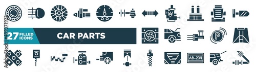 set of car parts icons in filled style. glyph web icons such as car bearing, car starter, indicator, bucket seat, boot, hood, crankshaft, coil editable vector.
