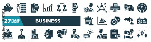 set of business icons in filled style. glyph web icons such as piggybank, rise, personal security, money flow, pyramid chart, identification card, department, suggestion editable vector.