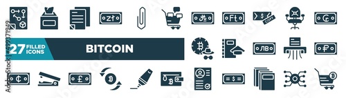set of bitcoin icons in filled style. glyph web icons such as tactical, zloty, riyal, desk chair, scholar, ruble, franc, curriculum editable vector.