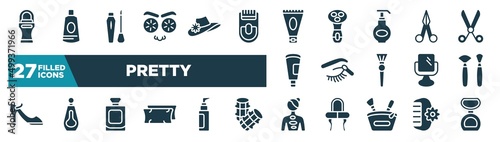 set of pretty icons in filled style. glyph web icons such as roll on deodorant, cucumber slices on face, anti aging cream, manicure scissors, eye shadow makeup, makeup brushes, french perfume