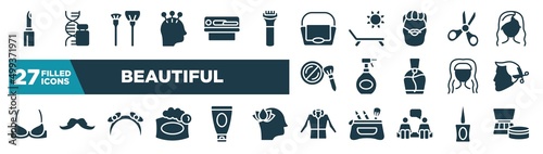 set of beautiful icons in filled style. glyph web icons such as lipstick cosmetic, acupuncture, big hand bag, children scissors, hair spray bottle, hairstyle, headbands, parka editable vector.