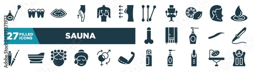 set of sauna icons in filled style. glyph web icons such as eyeliner, lifting, cotton buds, implant, infrared, curling, hair curler, hair spray editable vector.