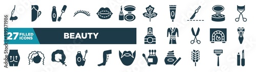 set of beauty icons in filled style. glyph web icons such as rhinoplasty, eyelashes, oak, powder, robe, electric shaver, mesotherapy, earbuds editable vector.