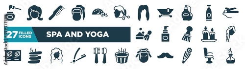 set of spa and yoga icons in filled style. glyph web icons such as honey, female head with ponytail, female hair, lotion, foundation, woman with long hair, wavy hair, curlers editable vector.