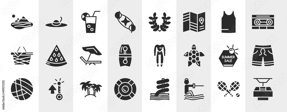 summer filled icons set. editable glyph icons such as lake, solstice, sleeveless, slice of melon, wetsuit, swimming trunks, island with palm trees, waterski vector. summer filled icons set. editable glyph icons such as lake, solstice, sleeveless, slice of melon, wetsuit, swimming trunks, island with palm trees, waterski vector.