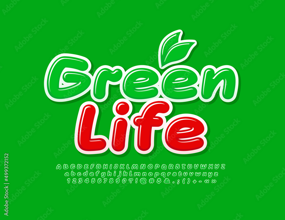 Naklejka premium Vector eco poster Green Life with decorative Leaves. Handwritten glossy Font. Creative Alphabet Letters, Numbers and Symbols set