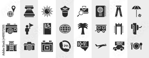 travel and tourism filled icons set. editable glyph icons such as geolocated place, pilot of airplane, ripped jeans, tourist guide, coconut trees, breathalyzer, calendar day 15, aviation vector.