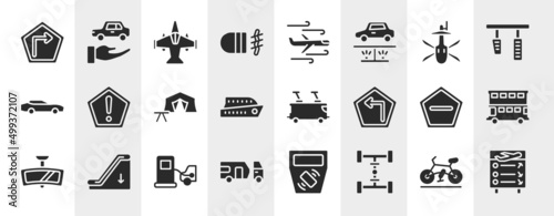 airport filled icons set. editable glyph icons such as right, fog lamp, military helicopter bottom view, precaution, tramway, double decker bus, refilling, 4wd vector.