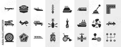 driving school filled icons set. editable glyph icons such as airplane  shock absorber  gearshift  small plane  insect repellent    hyperloop  army helicopter bottom view vector.