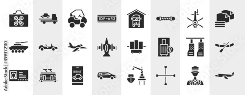 airplanes filled icons set. editable glyph icons such as drone case, license plate, helicopter black shape top view, convertible, x-ray, watercraft, rent a car, cross wrench vector.