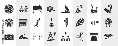 x treme filled icons set. editable glyph icons such as fitness ball, crank arm, stationary bicycle, team bench, crocket, zorbing, disciple, soccer game vector.