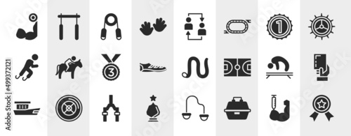 winning red filled icons set. editable glyph icons such as biceps curl, hand, number one, horse riding, earthworm, yellow card, bicycle fork, tackle box vector.