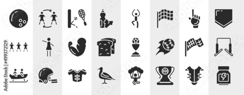 sport fitness filled icons set. editable glyph icons such as bowling ball, food and drink, foam hand, hostess, football trophy, horizontal bars, protections, champ vector.