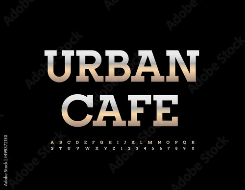 Vector modern banner Urban Cafe with metallic Font. Elegant steel Alphabet Letters and Numbers set