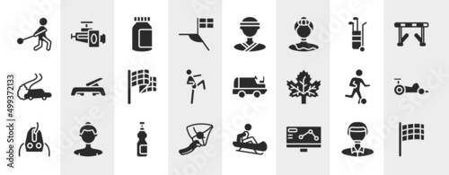racing filled icons set. editable glyph icons such as hammer throwing, football flag, golf caddy, fitness step, ice resurfacer, kart racing, isotonic, telemetry vector. © VectorStockDesign