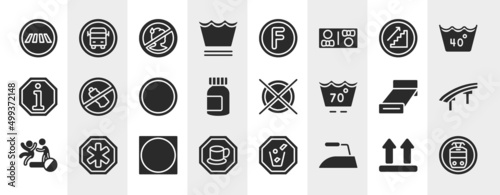 indications filled icons set. editable glyph icons such as road crossing, delicate washcycle, upstairs, no littering, do not dry clean, flyover bridge, circle inside square, iron low vector.
