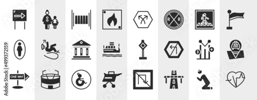 poi public places filled icons set. editable glyph icons such as one way, fire triangular, pedestrian crossing, slip, traffic, taxi stop, wheelchair side view, bridge on avenue perspective vector.