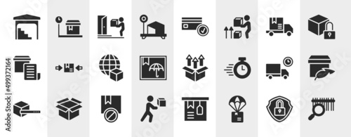 lineal logistic filled icons set. editable glyph icons such as stack in depot, box weight, package on rolling transport, use clamps, unpacking, light weight, prohibited, parachute box vector.